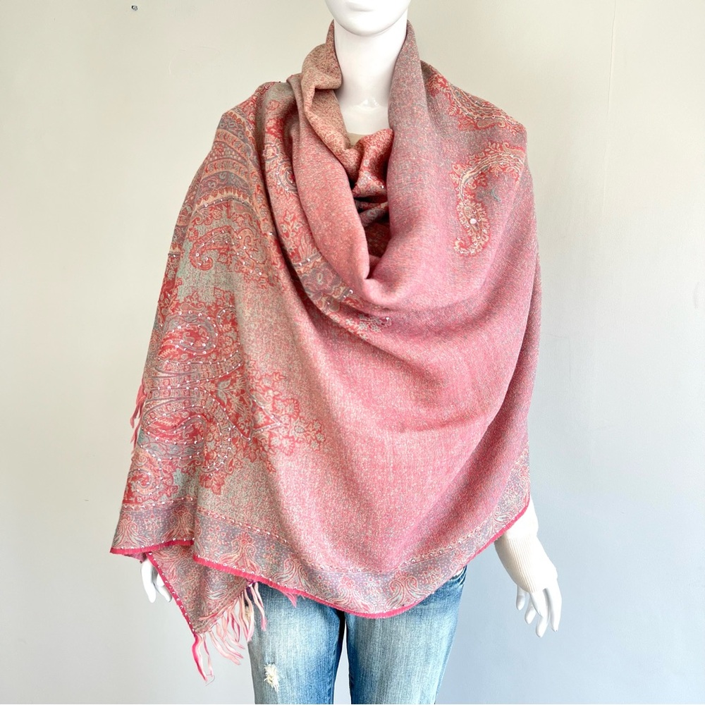 100% Pashmina Handmade Pink Turquoise Paisley Crystal Bead Long Wrap Shawl Scarf - Picture 2 of 13
